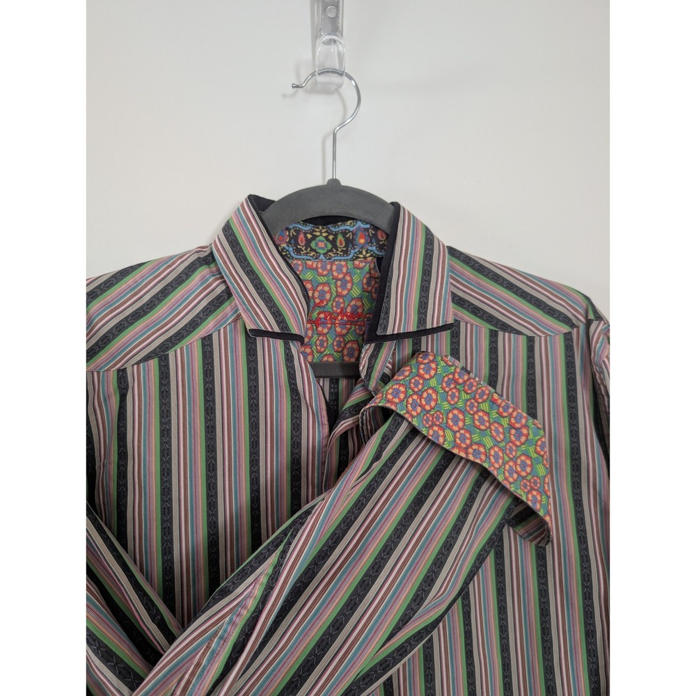 Robert Graham Mens L Multi Color Striped Button Down Shirt Floral Psychedelic